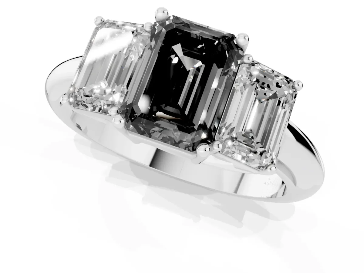 Fancy Black Three-Stone Emerald Cut Cut Diamond Engagement Ring with Prong Setting on a White Gold Band White gold