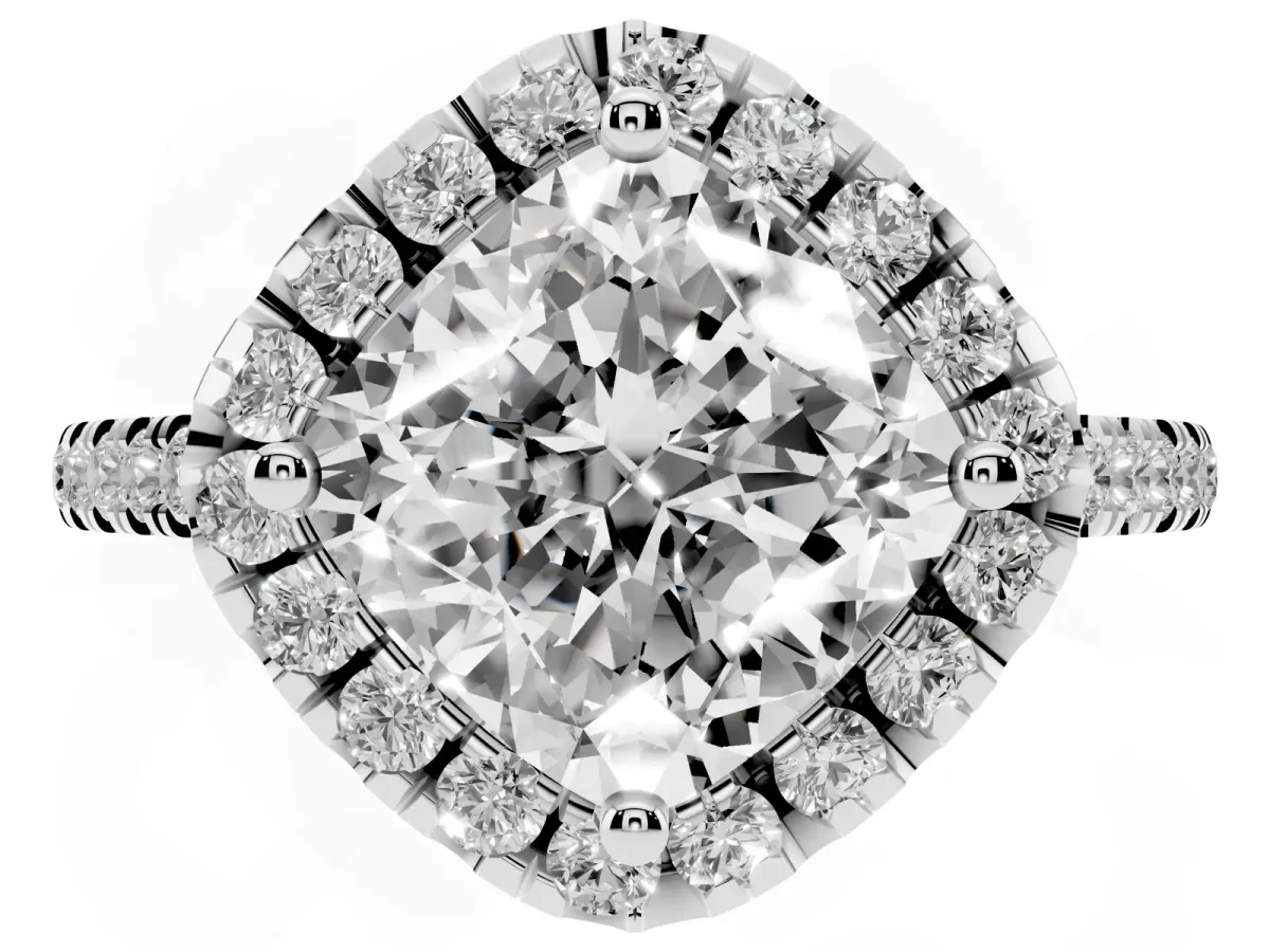 Cushion Cut Diamond Cushion Halo Ring with Pavé Band Silver