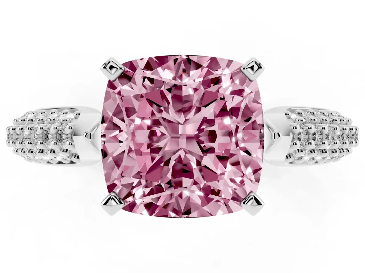Fancy Pink Cushion Cut Diamond Solitaire Engagement Ring with Multi-Row Round Pavé Band and Prong Setting Silver