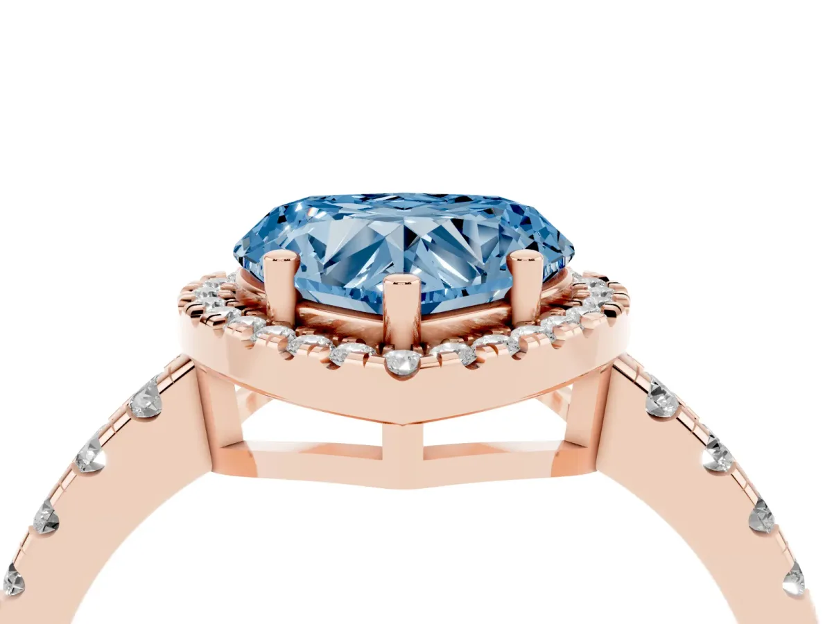 Fancy Blue Heart Cut Diamond Halo Ring with Pavé Band and Four-Prong Setting Rose gold