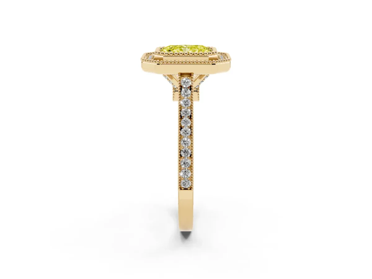 Fancy Yellow Radiant Cut Diamond Halo Ring with Milgrain Frame and Pavé Band Yellow gold