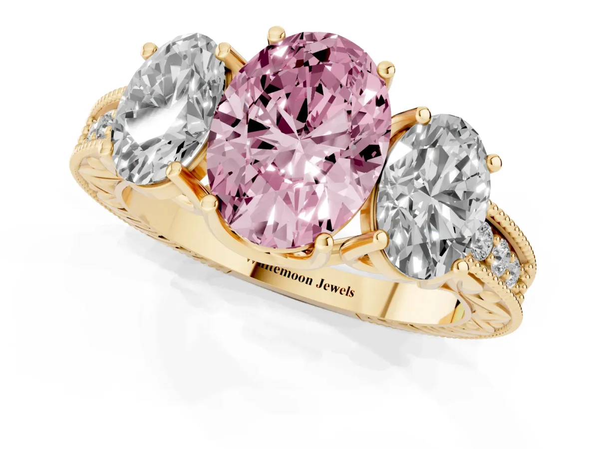 Fancy Pink Three-Stone Oval Cut Cut Milgrain Pavé Engagement Ring Yellow gold