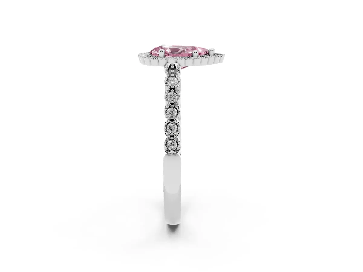 Fancy Pink Pear Cut Cut Halo Pavé Solitaire Ring with Milgrain Band Platinum