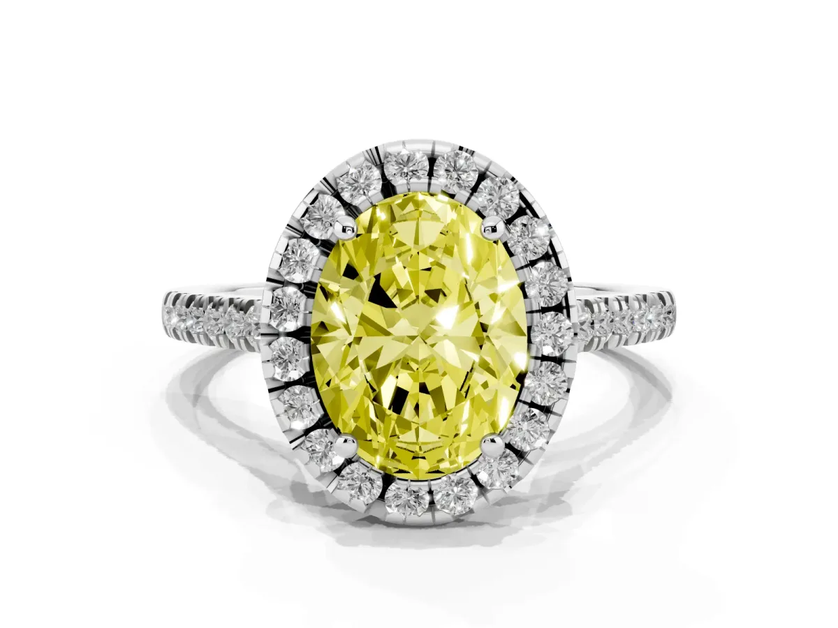 Fancy Yellow Oval Cut Diamond Cushion Halo Ring with Pavé Band Silver