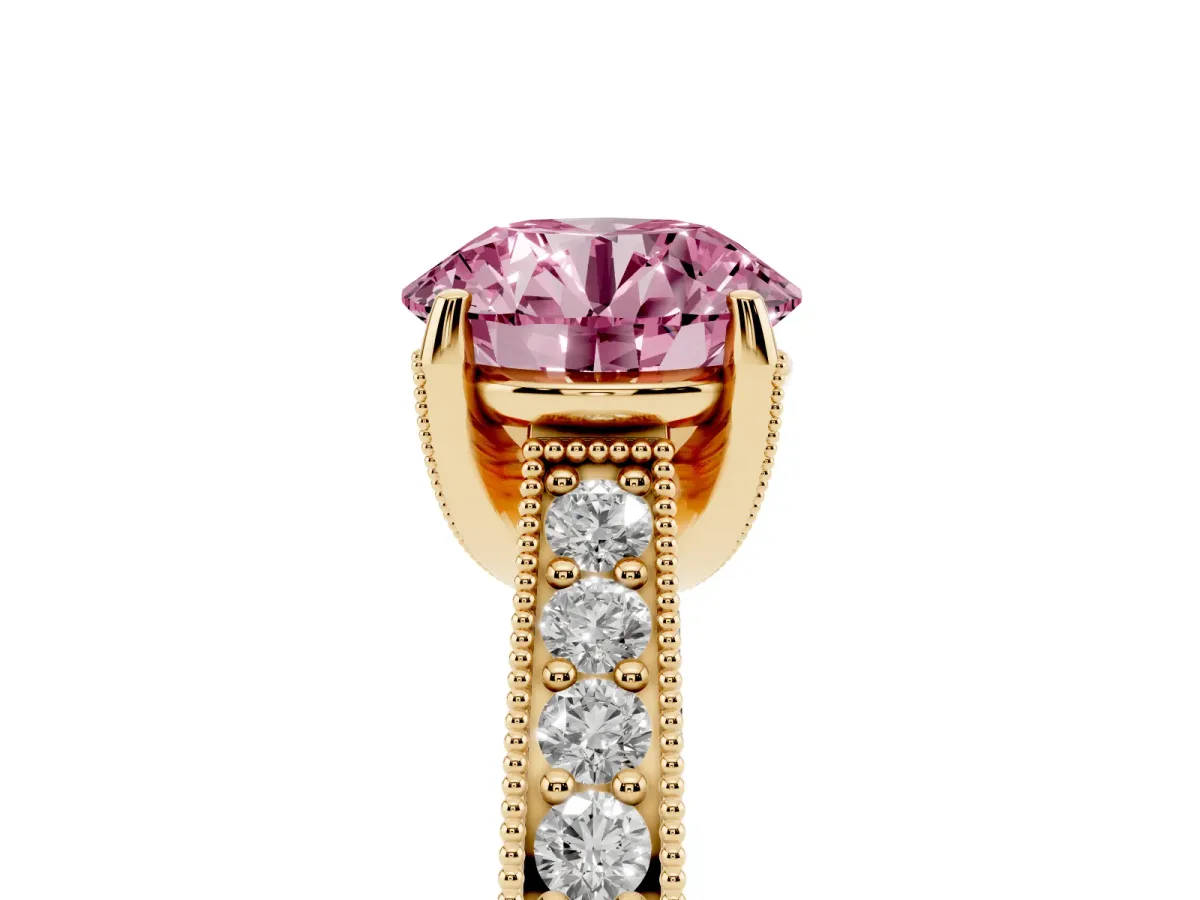 Fancy Pink Round Cut Cut Diamond Solitaire Ring with Milgrain Pave Band and Four Prong Setting Yellow gold