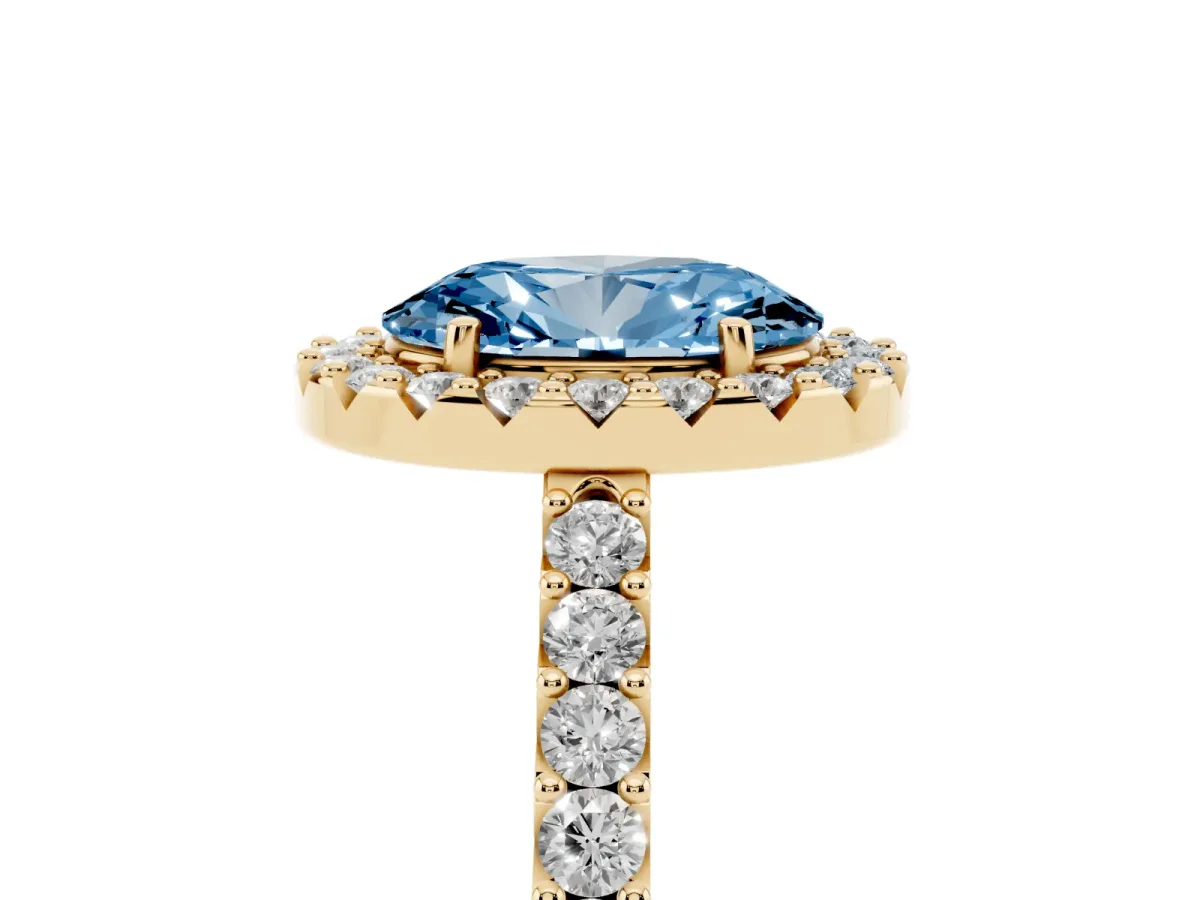 Fancy Blue Oval Cut Halo Diamond Pavé Solitaire Ring Yellow gold