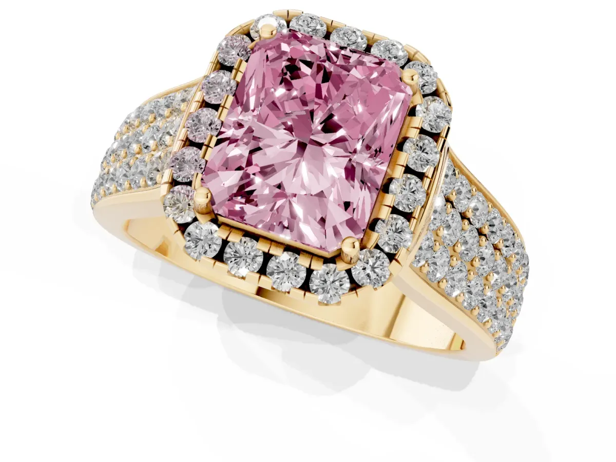 Fancy Pink Radiant Cut Halo Round Diamond Pave Band with Prong Setting Yellow gold