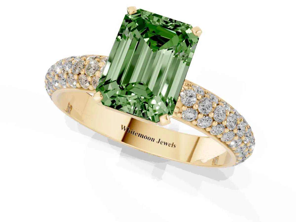 Fancy Green Emerald Cut Diamond Solitaire Ring with Prong Setting and Pavé Band Yellow gold