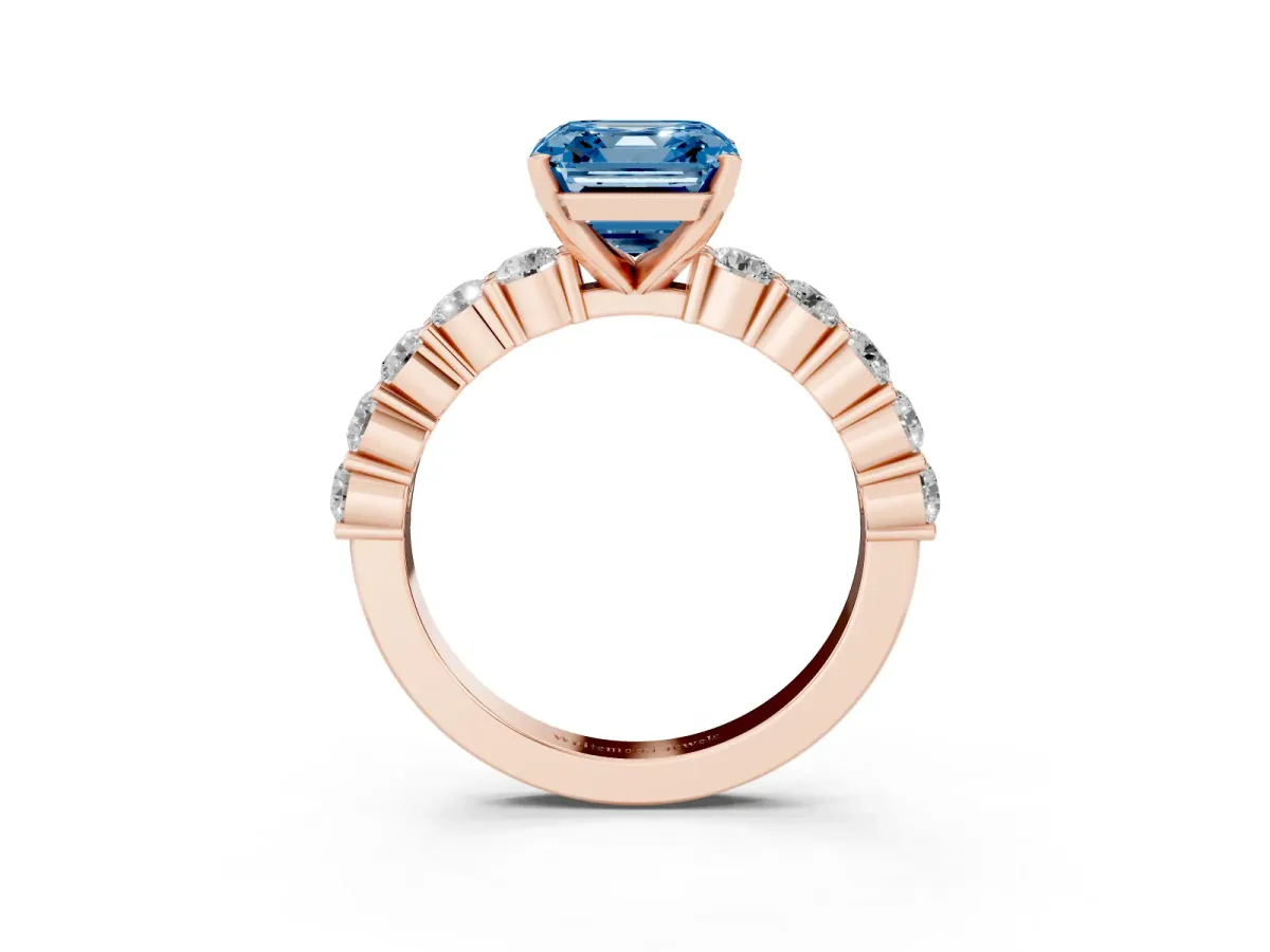 Fancy Blue Asscher Cut Diamond Solitaire Ring with Shared Prong Round Side Stones Rose gold