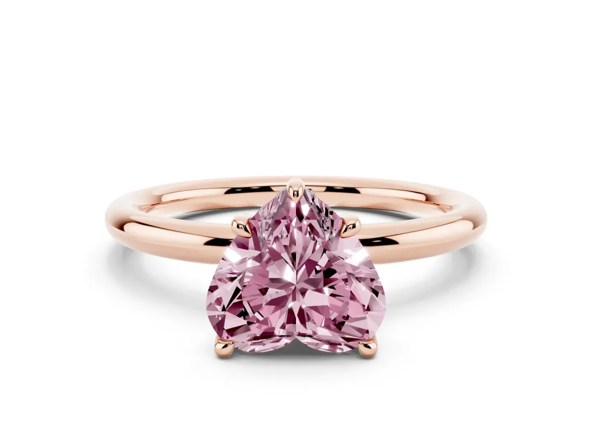 Fancy Pink Heart Cut Diamond Solitaire Ring with Thin Band and Four-Prong Setting Rose gold