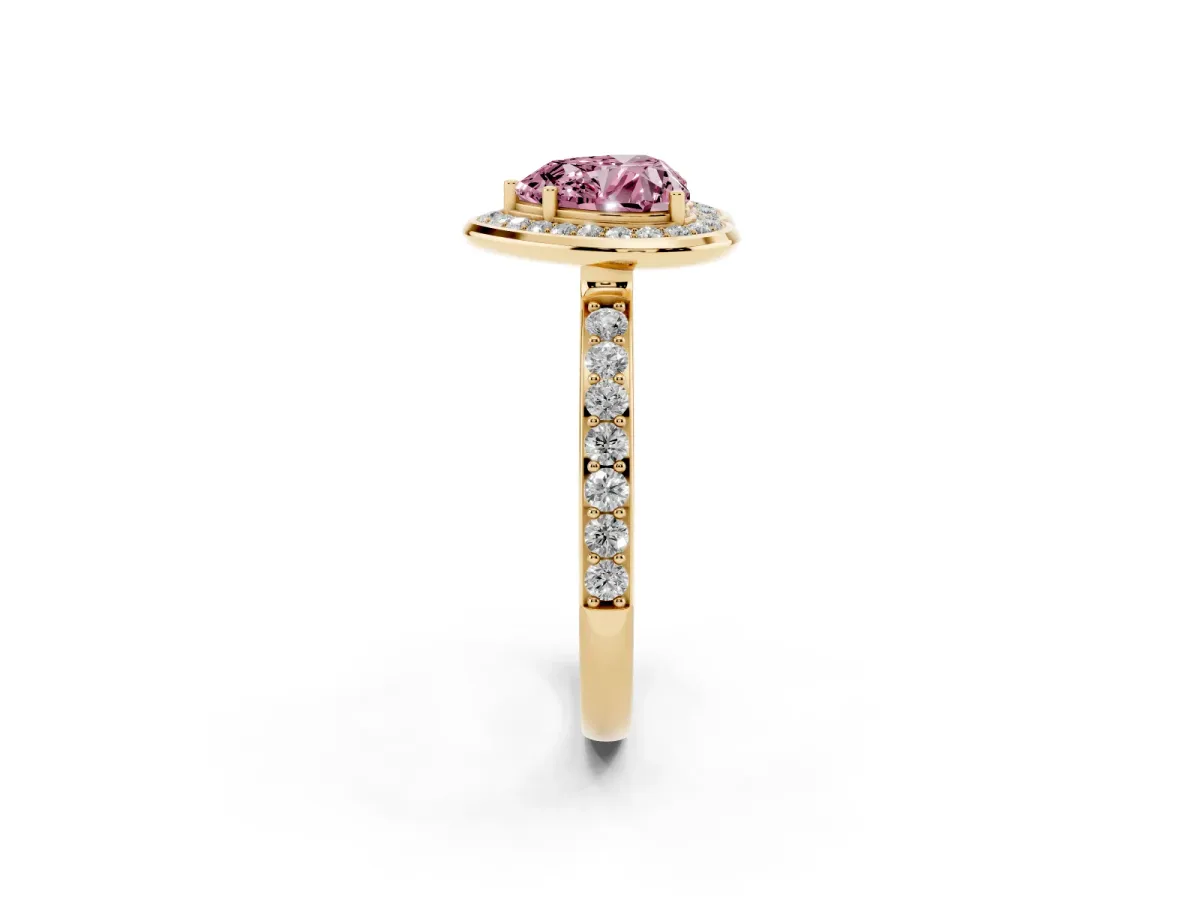 Fancy Pink Heart Cut Diamond Halo Ring with Bezel Frame and Pavé Band Yellow gold