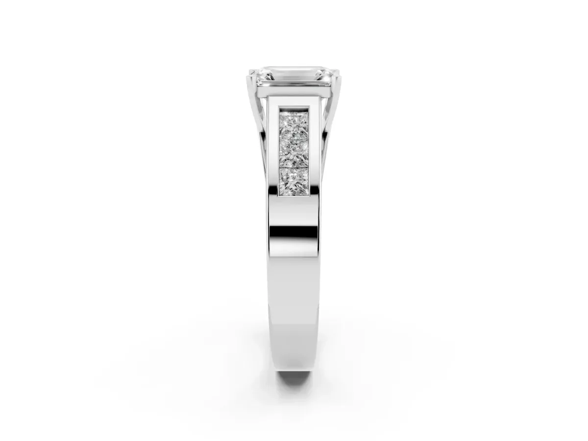 Emerald Cut Cut Channel Set Solitaire Ring with Four-Prong Setting Silver