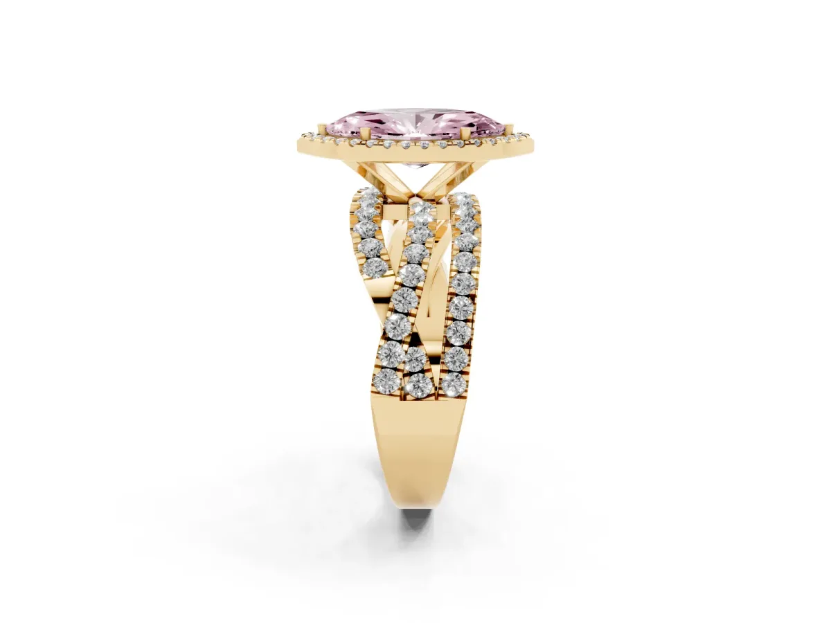 Fancy Pink Marquise Cut Diamond Halo Ring with Round Split Shank and Prong Setting Yellow gold