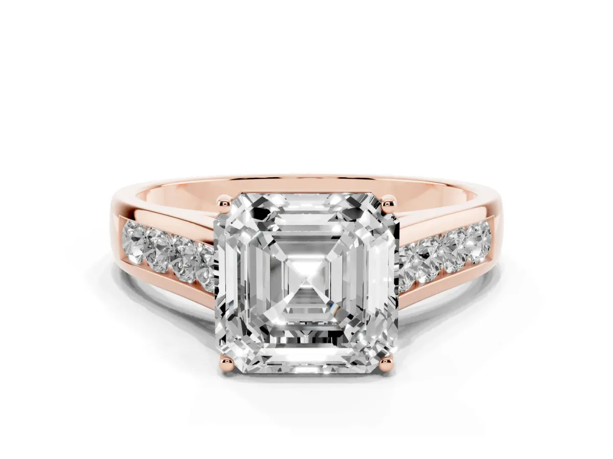 Asscher Cut Solitaire Channel-Set Diamond Engagement Ring with Four-Prong Setting Rose gold