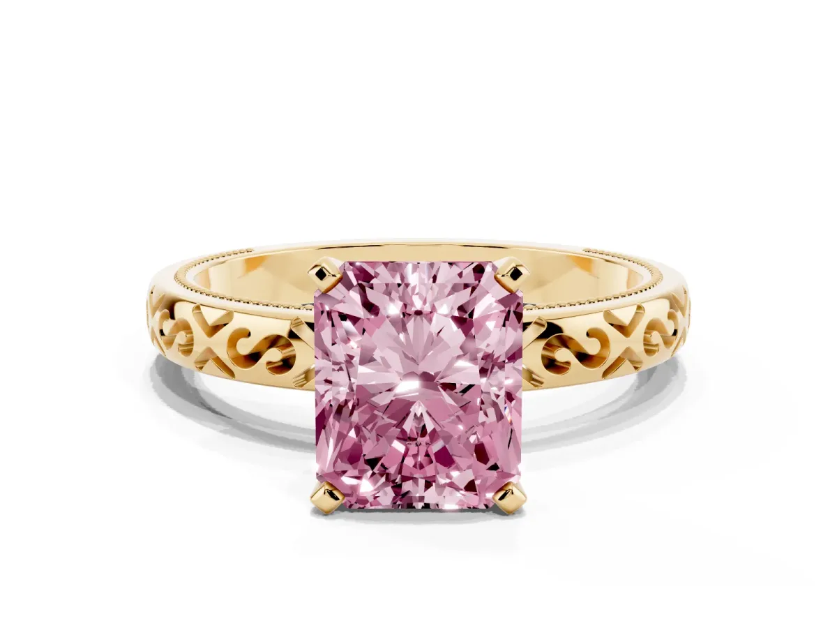 Fancy Pink Radiant Cut Solitaire Engagement Ring with Scrollwork Band and Four-Prong Setting Yellow gold