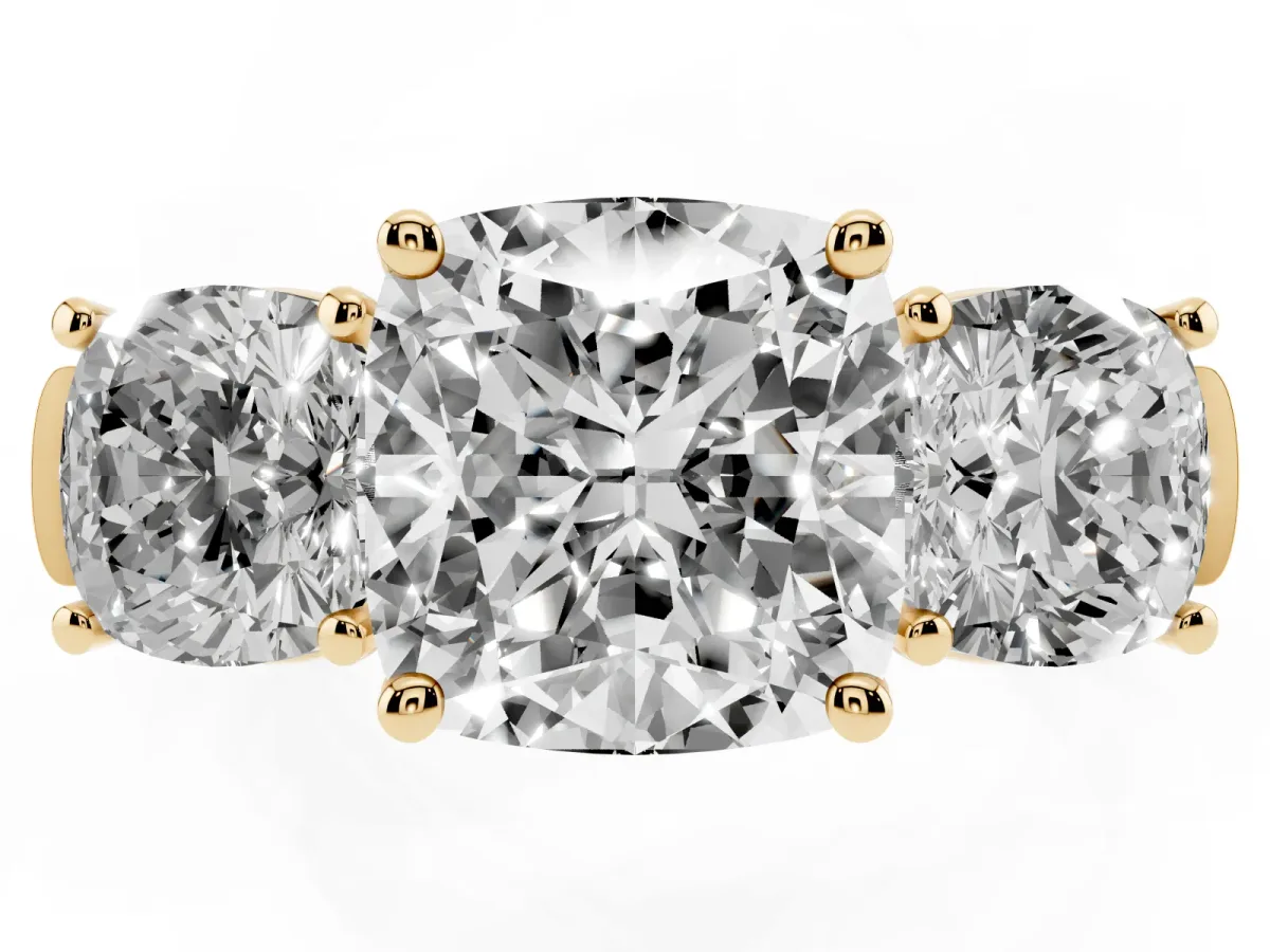 Three-Stone Cushion Cut Brilliant Diamond Trellis Ring with Comfort Fit Band Yellow gold