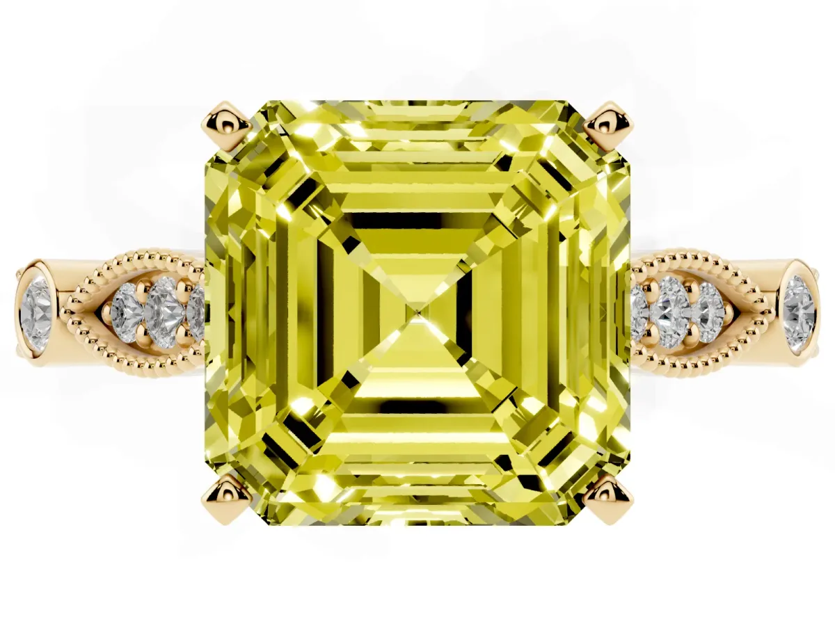 Fancy Yellow Asscher Cut Cut Diamond with Milgrain Marquise and Bezel Accents on a Solitaire Band with Prong Setting Yellow gold