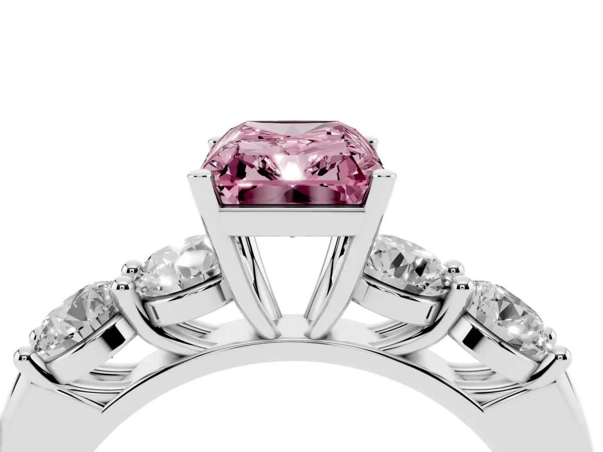 Fancy Pink Radiant Cut Cut Five-Stone Prong Set Diamond Ring with Classic Band Silver