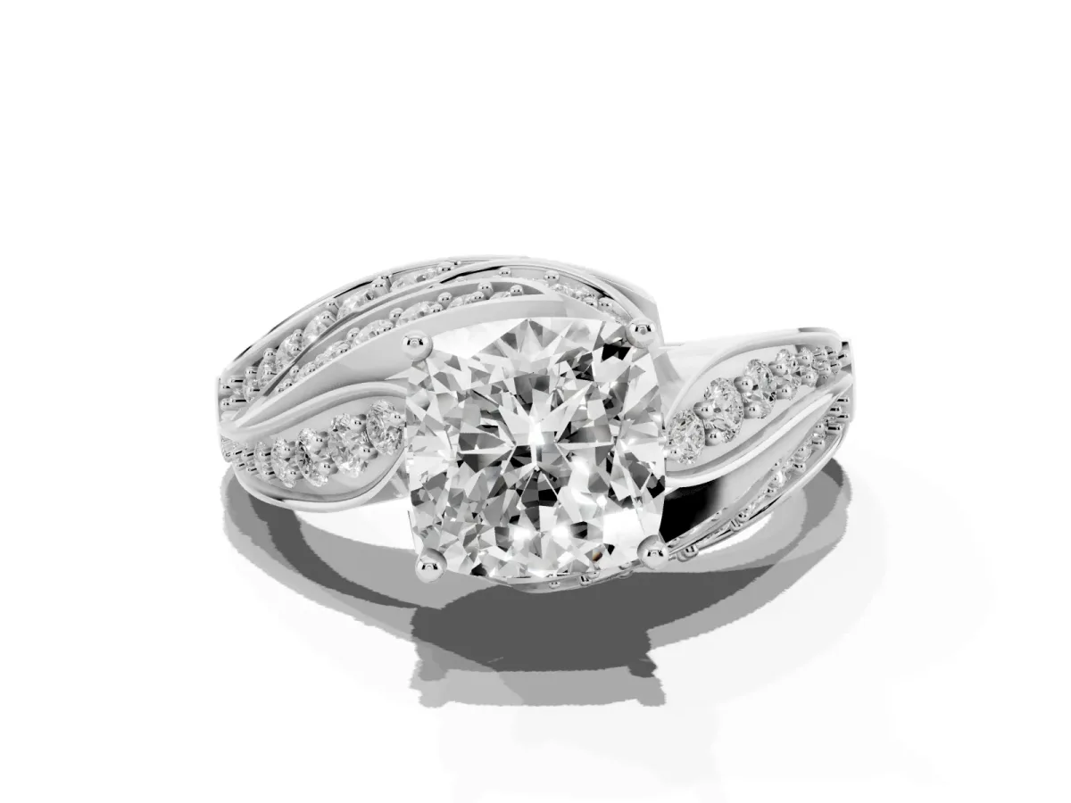 Cushion Cut Diamond Solitaire Ring with Prong Setting and Twisted Pavé Band Silver