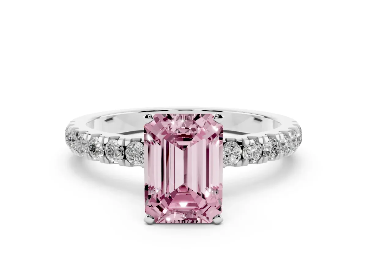 Fancy Pink Emerald Cut Diamond Solitaire Ring with Pavé Accents and Four-Prong Setting Platinum