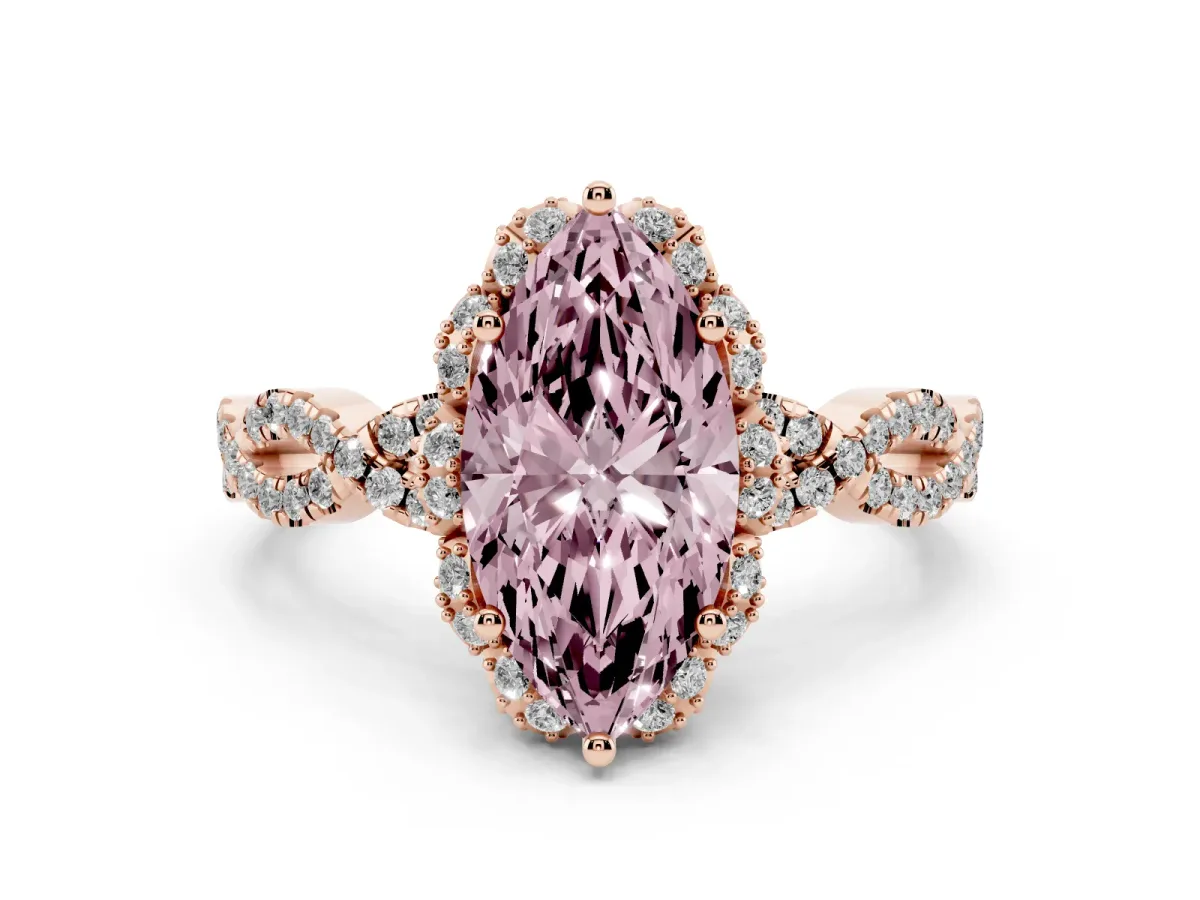 Fancy Pink Marquise Cut Halo Twist Band Solitaire Ring with Six-Prong Setting Rose gold