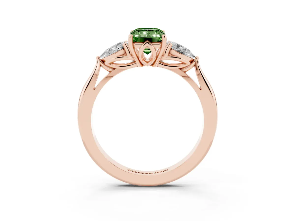 Fancy Green Emerald Cut Diamond Three-Stone Ring with Pear Side Stones and Prong Setting Rose gold