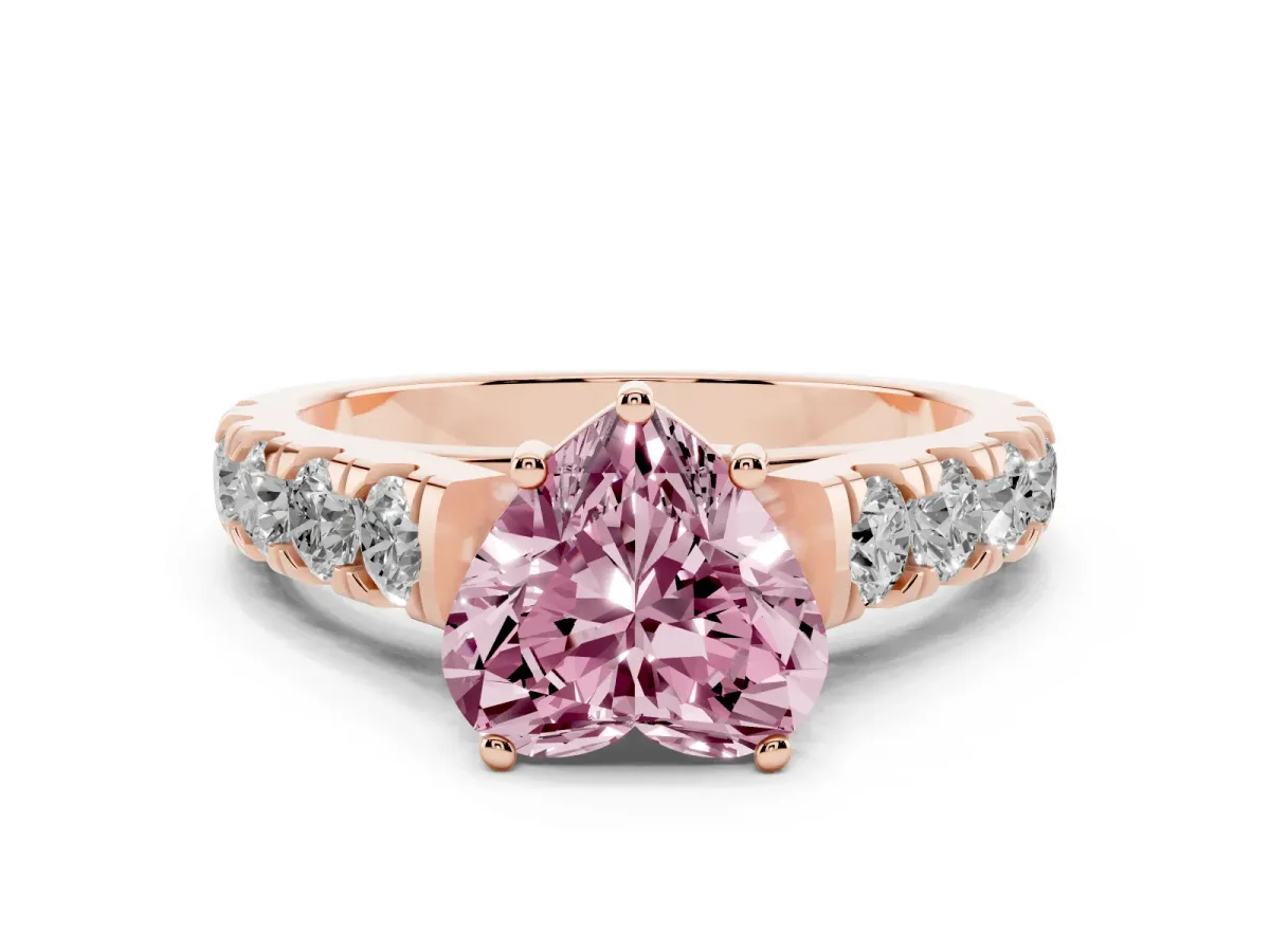 Fancy Pink Heart Cut Cut Diamond Solitaire Ring with Micro Pave Band and Prong Setting Rose gold