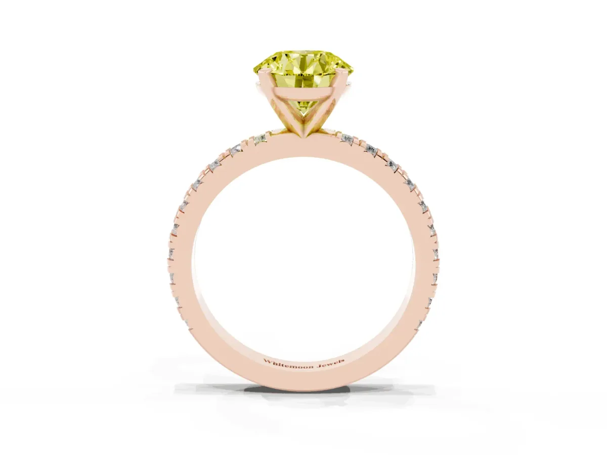 Fancy Yellow Round Cut Diamond Pavé Band Solitaire with Four-Prong Setting Rose gold