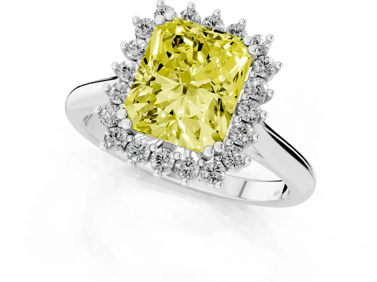 Fancy Yellow Radiant Cut Cut Diamond Halo Ring with Solitaire Band and Prong Setting White gold