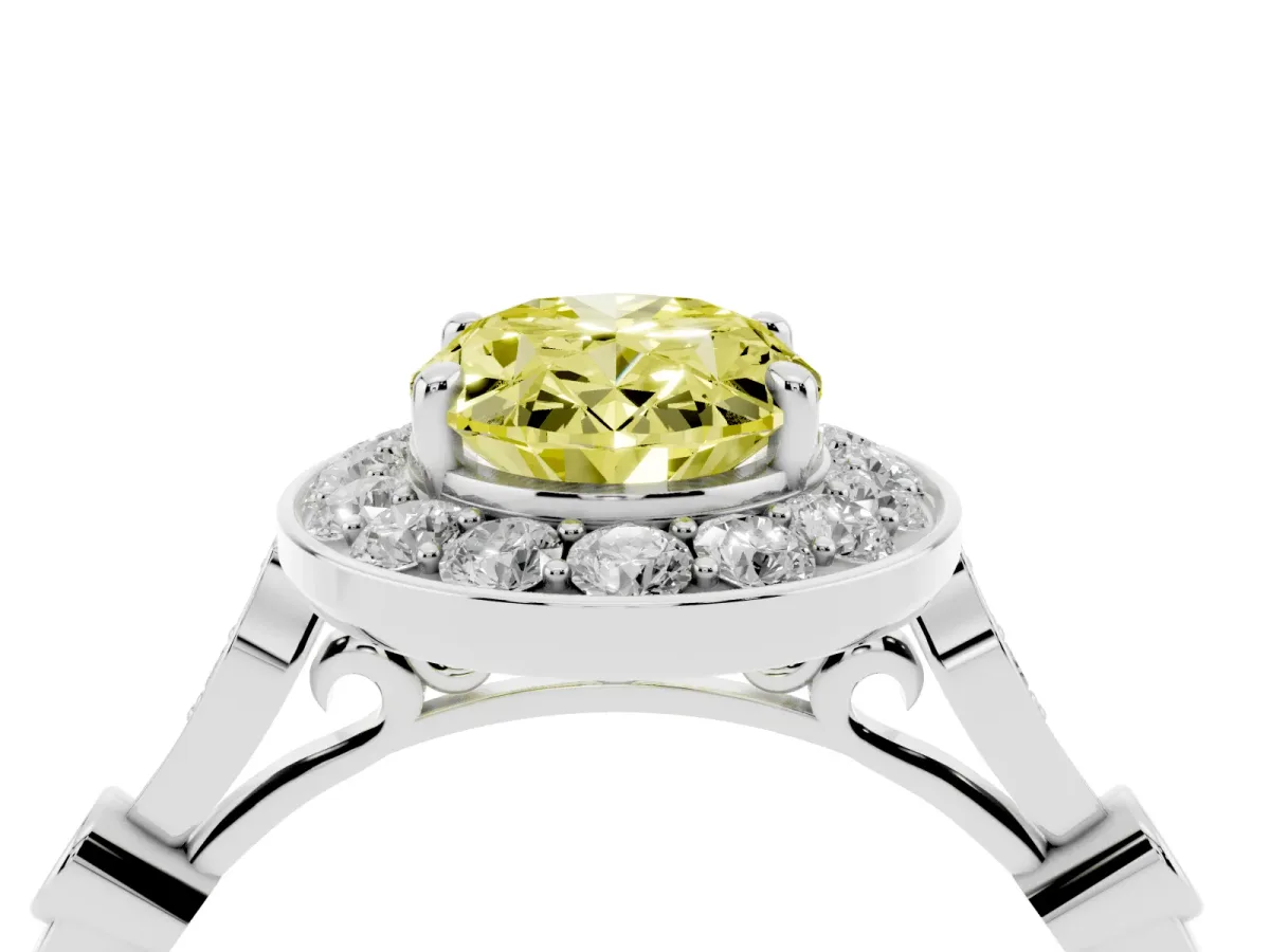 Fancy Yellow Oval Cut Halo Diamond Engagement Ring with Twisted Band and Four-Prong Setting Silver