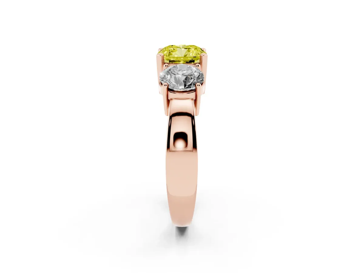 Fancy Yellow Three-Stone Cushion Cut Diamond Ring with Round Side Stones, Classic Band, and Four-Prong Setting Rose gold