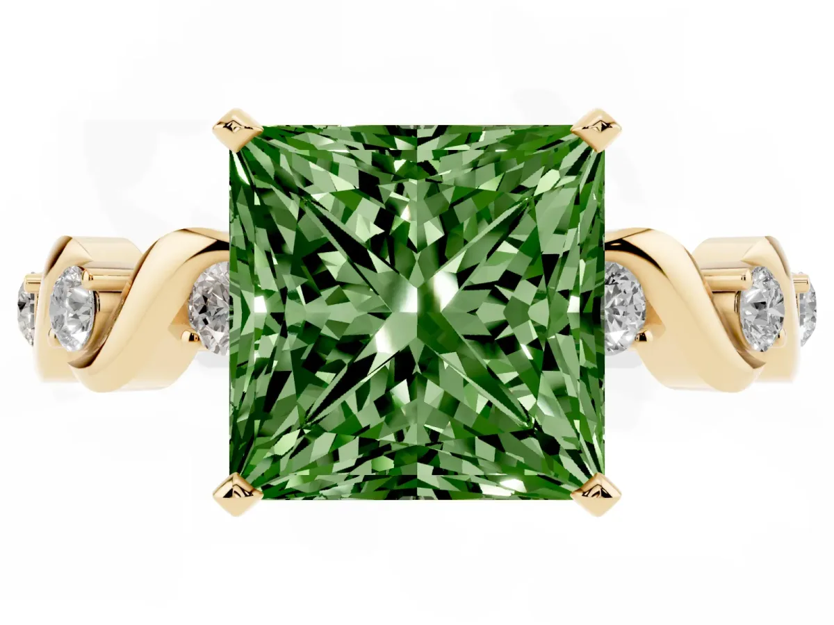 Fancy Green Princess Cut Diamond Solitaire Twisted Band with Round Accents and Prong Setting Yellow gold