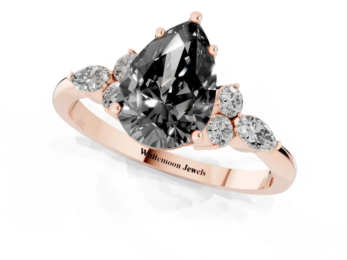 Fancy Black Pear Cut Brilliant Diamond Solitaire Ring with Pear Side Stones and Four-Prong Setting Rose gold