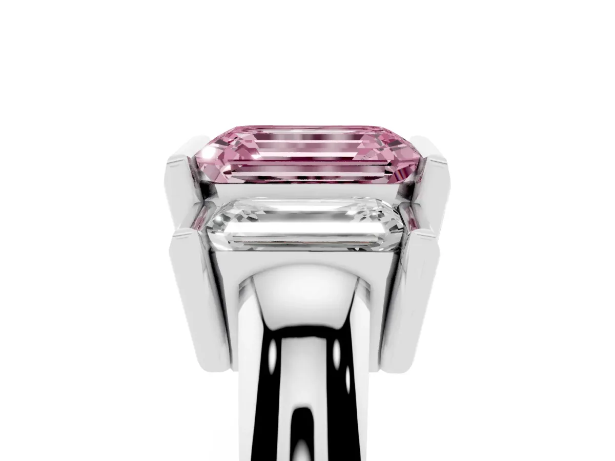 Fancy Pink Three Stone Emerald Cut Cut Channel Set Diamond Ring Platinum