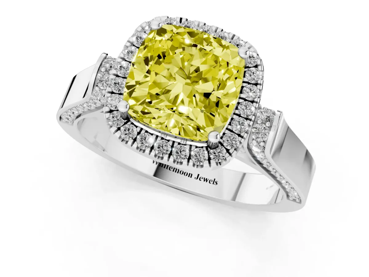 Fancy Yellow Cushion Cut Halo Pave Split Shank Prong Setting Ring Silver