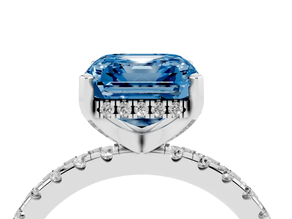 Fancy Blue Asscher Cut Diamond Solitaire Ring with Round Pavé Band and Four-Prong Setting Silver