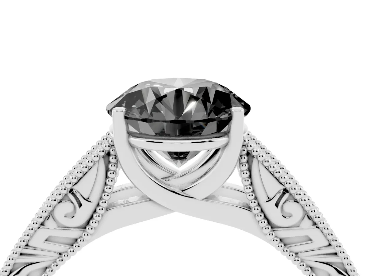 Fancy Black Round Cut Diamond Solitaire Ring with Engraved Band and Four-Prong Setting White gold