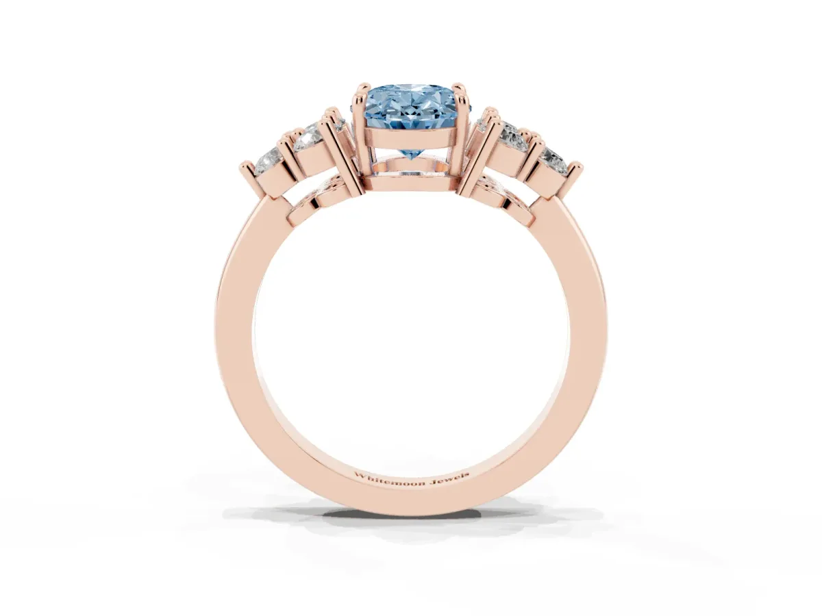 Fancy Blue Oval Cut Brilliant Diamond Cluster Accent Solitaire Ring with Prong Setting Rose gold