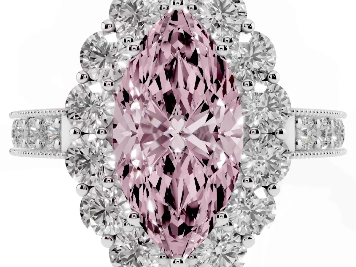 Fancy Pink Marquise Cut Cut Halo Diamond Pavé Engagement Ring with Milgrain Detailing Platinum