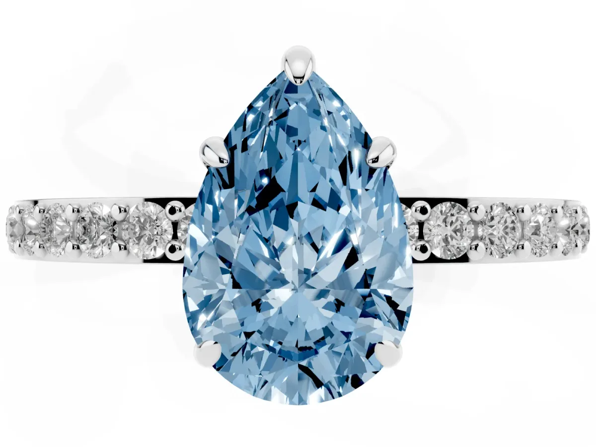 Fancy Blue Pear Cut Diamond Pavé Engagement Ring with Round Accents and Prong Setting Platinum