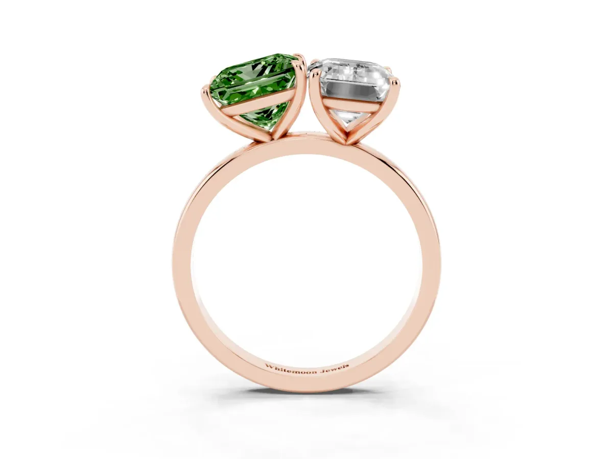 Fancy Green Princess Cut and Emerald Cut Toi Moi Ring with Prong Setting Rose gold