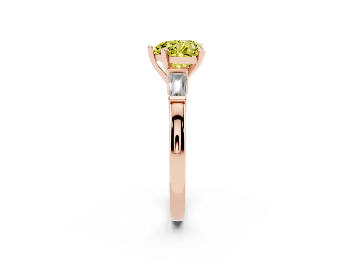 Fancy Yellow Heart Cut Cut Diamond Solitaire Ring with Tapered Baguette Accents and Four-Prong Setting Rose gold