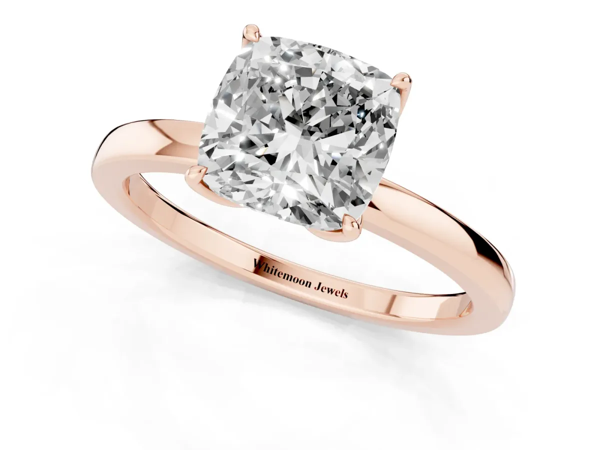 Cushion Cut Diamond Solitaire Ring with Thin Band and Prong Setting Rose gold