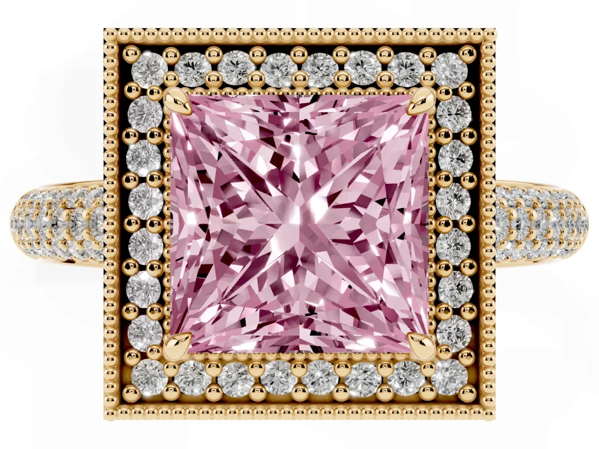 Fancy Pink Princess Cut Cut Halo Diamond Pave Band with Four-Prong Setting Yellow gold