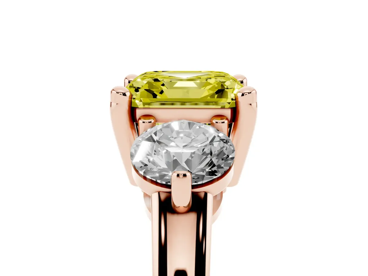Fancy Yellow Three-Stone Asscher Cut Brilliant Cut Solitaire Ring with Prong Setting on a Classic Band Rose gold