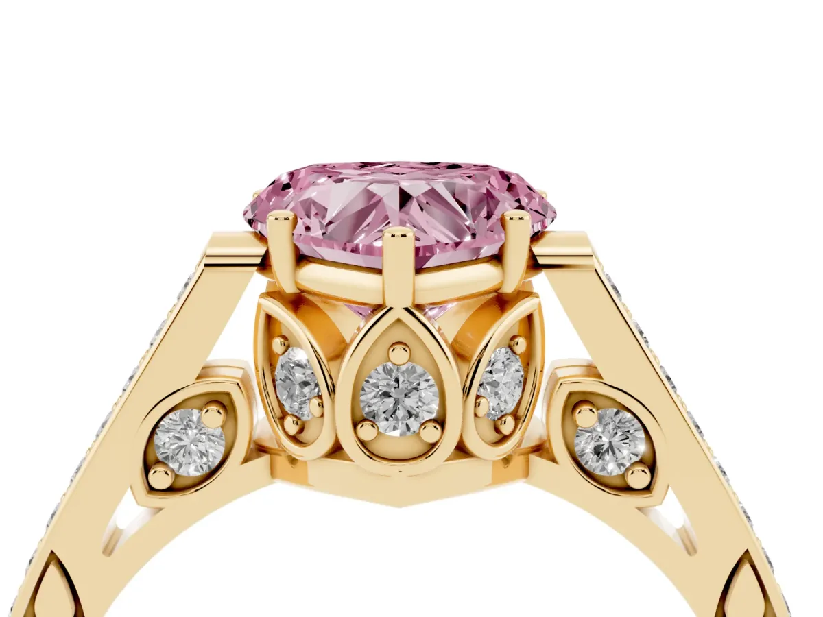 Fancy Pink Heart Cut Cut Cathedral Pave Diamond Engagement Ring with Six-Prong Setting Yellow gold