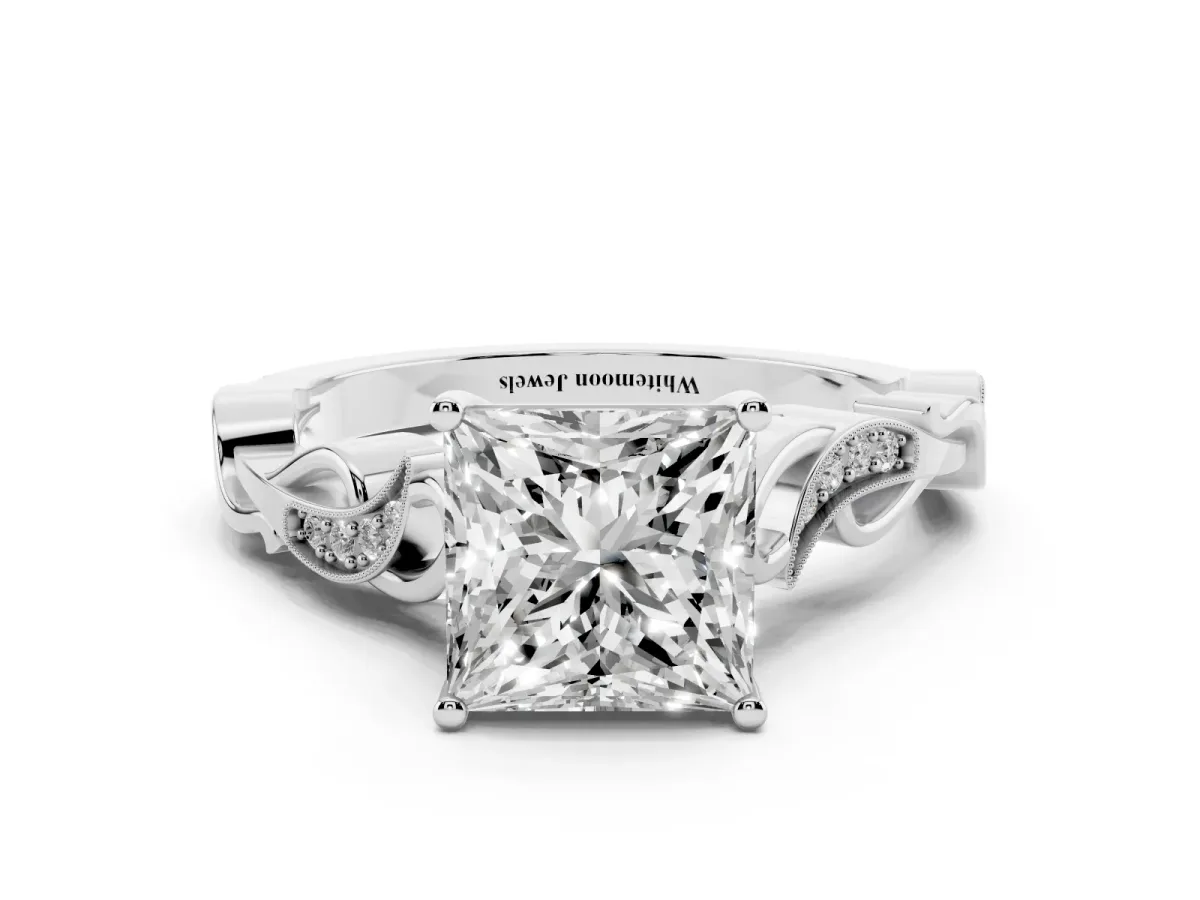 Princess Cut Solitaire Vine Band with Milgrain Prong Setting Platinum