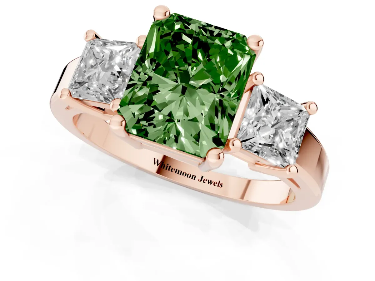 Fancy Green Three-Stone Radiant Cut Cut Solitaire Ring with Prong Setting Rose gold