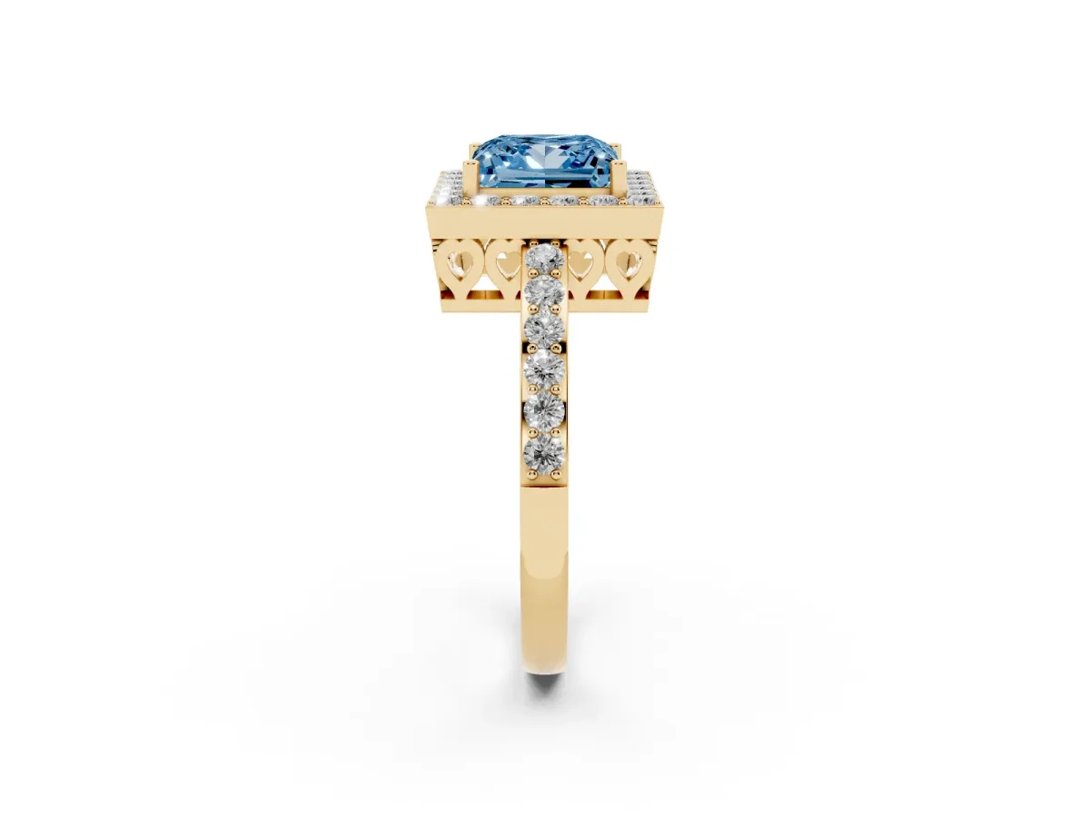 Fancy Blue Princess Cut Halo Diamond Pavé Band Ring with Prong Setting Yellow gold