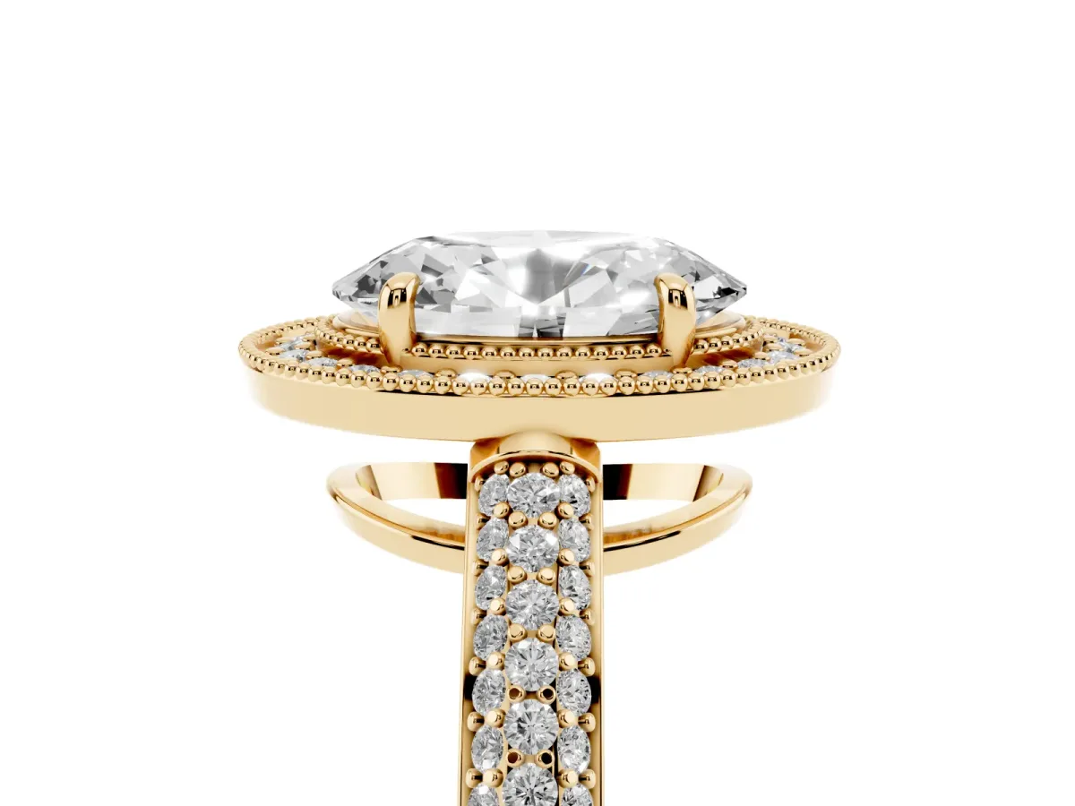 Oval Cut Cut Halo Diamond Pave Band with Four-Prong Setting Yellow gold